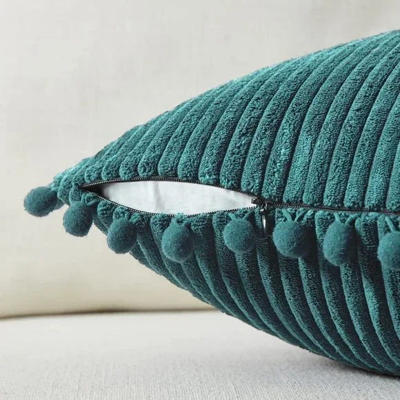 Turquoise Corduroy Luxury Velvet Pompom Dorm/Bed/Sofa/Patio Throw Pillow Covers - Picture 4 of 8